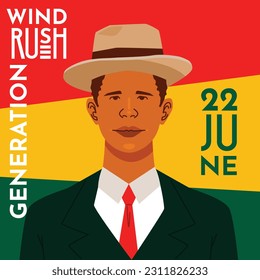 Vintage Black Man Wearing Suit and Hat on Windrush Event with African Tribe Flag Colors 22 June  