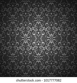 Vintage Black Ornamental Background With Swirly Pattern, Silver Lace Or Brocade Embroidery Texture, Vector Illustration