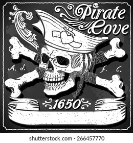 Vintage Black Pirate Cove Flag Blackboard. Jolly Roger. Vintage Blackboard Logo Set Tatoo. Jolly Roger Pirate Skull Vintage Blackboard.Insight Party Invite for Pirate Birthday Masquerade Vector Image