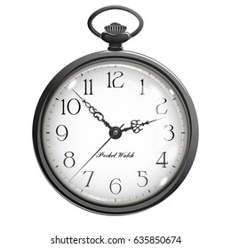 Vintage black pocket watch with transparent glass, luxurious and elegant design, isolated on white background