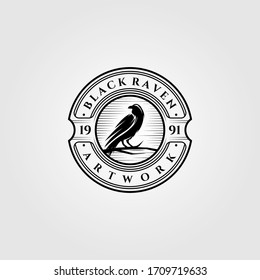 vintage black raven or crow logo vector illustration design