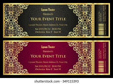 Vintage black and red ticket with golden ornament