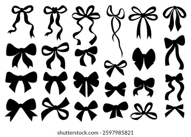 Vintage black ribbon bow silhouette collection. Romantic coquette girly vibe. Vector illustration. Isolated Trendy simple aesthetic decorative holiday elements on white background