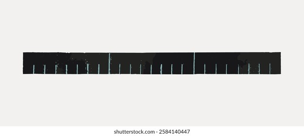 A vintage black ruler with white measurement markings. The ruler is straight and simple, ideal for measuring. Black ruler with clear markings for precision. Vintage art illustration, vector.