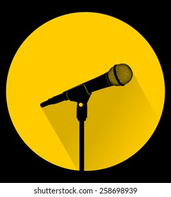 Vintage black silhouette retro stage microphone - web icon in circle frame. old technology concept, flat and shadow theme design sign, vector art image illustration, isolated on yellow background