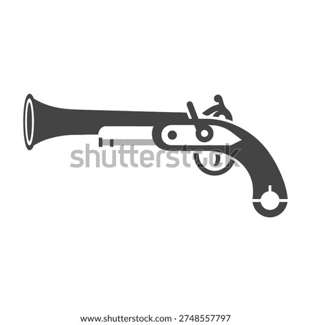 Vintage black and silver flintlock pistol illustration with detailed mechanism on white background antique firearm historical weapon gun pistol flintlock silver black