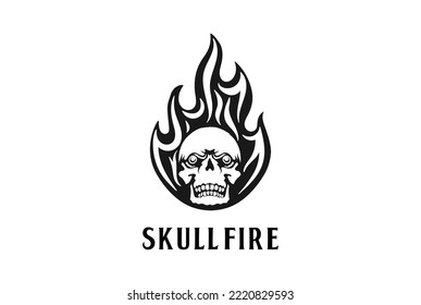 Vintage Black Skull Head Burn Fire Flames for Tattoo Logo Design