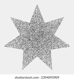 Estrella negra vintage con siete rayos dibujados con puntos sobre un fondo claro. Elemento vectorial ruidoso, forma geométrica de textura en estilo estipplismo