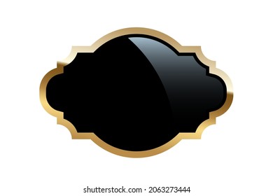 Vintage black tag label with gold frame vector illustration. Empty retro sticker for bottle or food product packaging, ornate luxury emblem design with shine decor isolated on white background