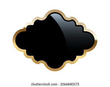 Vintage black tag label with gold frame vector illustration. Empty retro sticker for bottle or food product packaging, ornate luxury emblem design with shine decor isolated on white background
