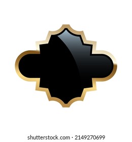 Vintage black tag label with gold frame vector illustration. Empty retro sticker for bottle or food product packaging, ornate luxury emblem design with shine decor isolated on white background