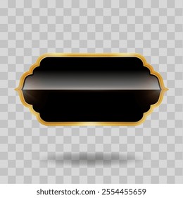 Vintage black tag label with gold frame vector illustration. Empty retro sticker for bottle or food product packaging, ornate luxury emblem design with shine decor isolated.