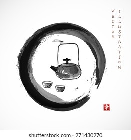 Vintage black teapot, two cups of tea and little dragonfly in black zrn circle hand drawn in traditional Japanese style sumi-e in old rice paper. Sealed with hieroglyphs "luck' and "happiness"