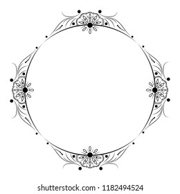 Vintage black thin graceful frame with wavy lines and flowers with petals