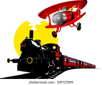 vintage black train and old red plane (illustration)