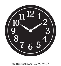 Vintage black wall clock with clear white numbers showing time in midday.