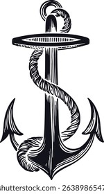 Vintage black white anchor illustration. Detailed engraved style, nautical maritime theme. Perfect for sea, ocean, travel, or adventure designs. Isolated vector graphic.