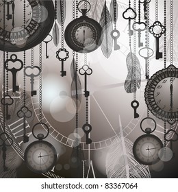 Vintage black and white background for time concept with watches, feathers and keys.