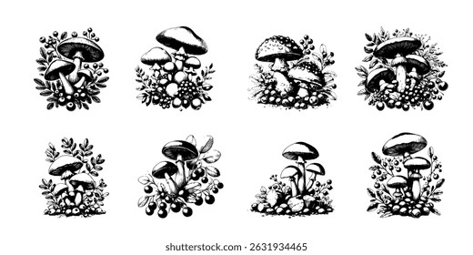 Vintage black and white botanical illustration of forest mushrooms with forest berries and forest plants. Hand drawn engraving style, high detail, stylized ink sketch, naturalistic aesthetic, isolated