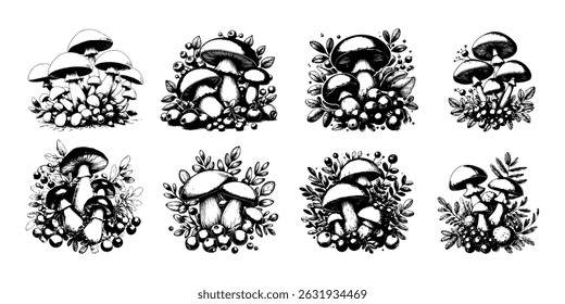 Vintage black and white botanical illustration of forest mushrooms with forest berries and forest plants. Hand drawn engraving style, high detail, stylized ink sketch, naturalistic aesthetic, isolated