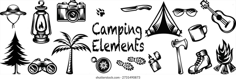 Vintage black and white camping elements set featuring tent, lantern, campfire, and gear. Hand-drawn retro vector illustrations for outdoor adventure, hiking, and travel designs.