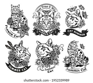 Vintage black and white cat, flowers and butterfly set. Flat vector illustration. Graphic cat sketches in decorative style with roses, lotuses, moths. Wildlife or animal concept for tattoo template