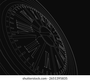 Um relógio vintage preto e branco com numerais romanos se destaca contra um fundo escuro. A face detalhada do relógio apresenta mãos claras de hora e minuto, evocando uma estética clássica e atemporal.