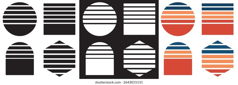 Vintage, black, white and colorful sunset. Sun and ocean view, summer vibes, surfing. isolated on white and black background. Vector illustration. EPS 10