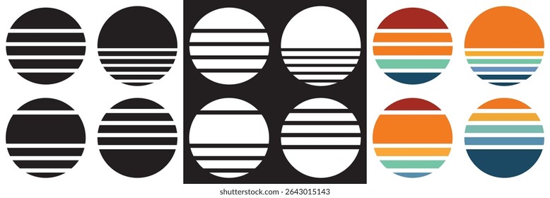 Vintage, black, white and colorful sunset. Sun and ocean view, summer vibes, surfing. isolated on white and black background. Vector illustration. EPS 10