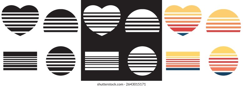 Vintage, black, white and colorful sunset. Sun and ocean view, summer vibes, surfing. isolated on white and black background. Vector illustration. EPS 10