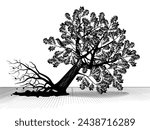 Vintage black and white engraved drawing of an uprooted and fallen oak tree with foliage and a bird.  Vector illustration