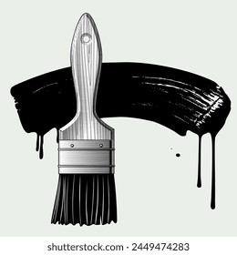 Vintage black and white engraved drawing of a paint brush and black silhouette of a paint stroke with smudges. Vector illustration