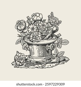 A vintage black and white engraving of a mortar and pestle filled with blooming flowers, symbolizing herbal medicine and nature.