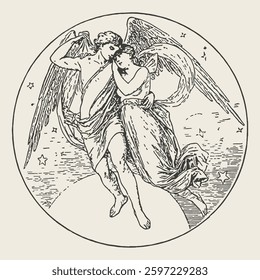 A vintage black and white engraving of two angels embracing in the sky, surrounded by stars in a celestial setting.