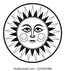 Vintage black and white ethnic ornament fresco occult smiling sun