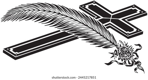 vintage black and white feather and cross on a white background, religion Christian cross icon vector symbol, The cross is placed below with a feather placed on top.