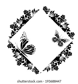 Vintage black and white floral frame with butterfly. Vector 