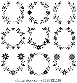 Vintage Black And White Floral Wreath Frames Set Vector Illustration On White Background