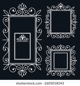Vintage black and white frames with ornate golden borders and floral patterns.