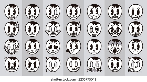 Vintage black and white funny man face cartoon emoticons set