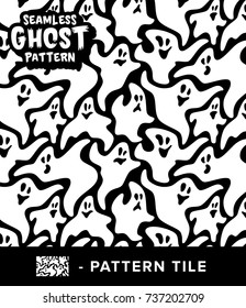 Vintage Black and White Ghost Seamless Pattern Surface Design with Isolated Pattern Tile. Vector Illustration. 