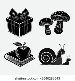 Vintage Black and White Gift, Mushroom, Apple, Book and Snail Silhouettes.