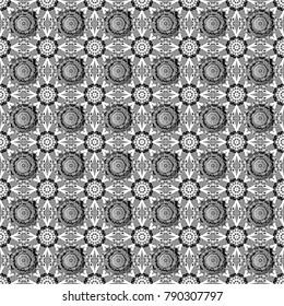 Vintage black, white and gray backgrounds with geometric and simple floral elements. Vector illustration. Retro seamless wallpaper pattern.