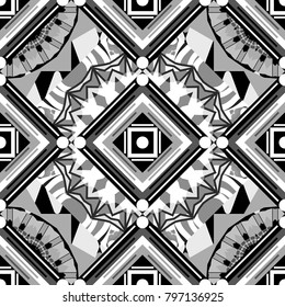 Vintage black, white and gray backgrounds with geometric and simple floral elements. Vector illustration. Retro seamless wallpaper pattern.