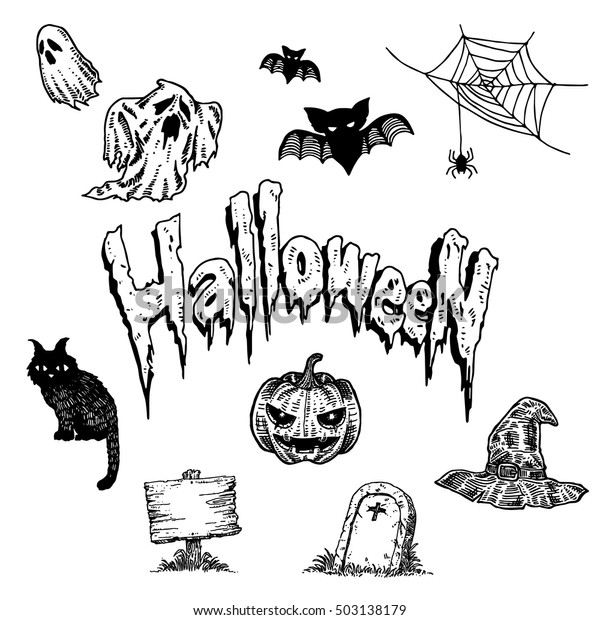 Vintage black and white hand draw Halloween illustration set