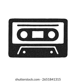 Ilustração em preto e branco vintage de uma fita cassete. Design nostálgico ideal para música, projetos retro, ou temas de cultura pop.  