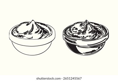 Ilustração em preto e branco vintage de mostarda em uma tigela pequena. Estilo de tinta desenhado à mão perfeito para embalagem de alimentos, etiquetas de condimento, impressões culinárias e projetos temáticos de cozinha rústica.