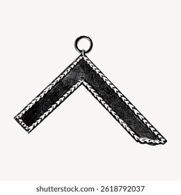 Vintage black and white illustration of a textured boomerang. The boomerang has a loop at the top and a zigzag pattern along the edges. Classic boomerang vector design.