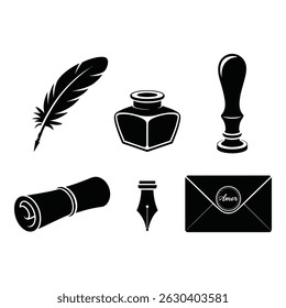 Vintage Black and White Illustration of Writing Utensils and Correspondence