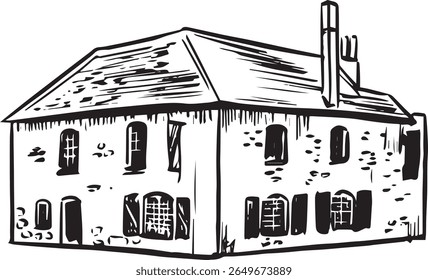 Vintage black and white ink drawing of Ely Museum, a key historical site in Cambridgeshire. Great for educational posters, town guidebooks, or architecture-themed travel illustrations.